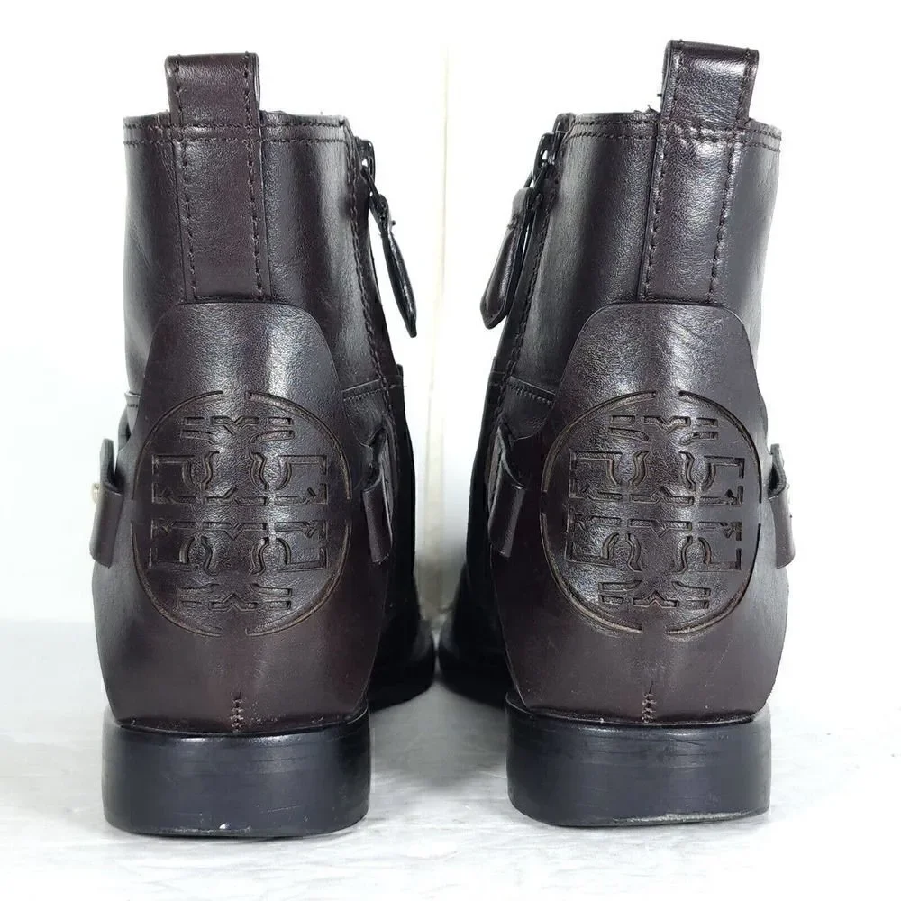 Tory Burch Women's Derby US 6M Brown Leather Flat Ankl Chelsea Bootie Boots